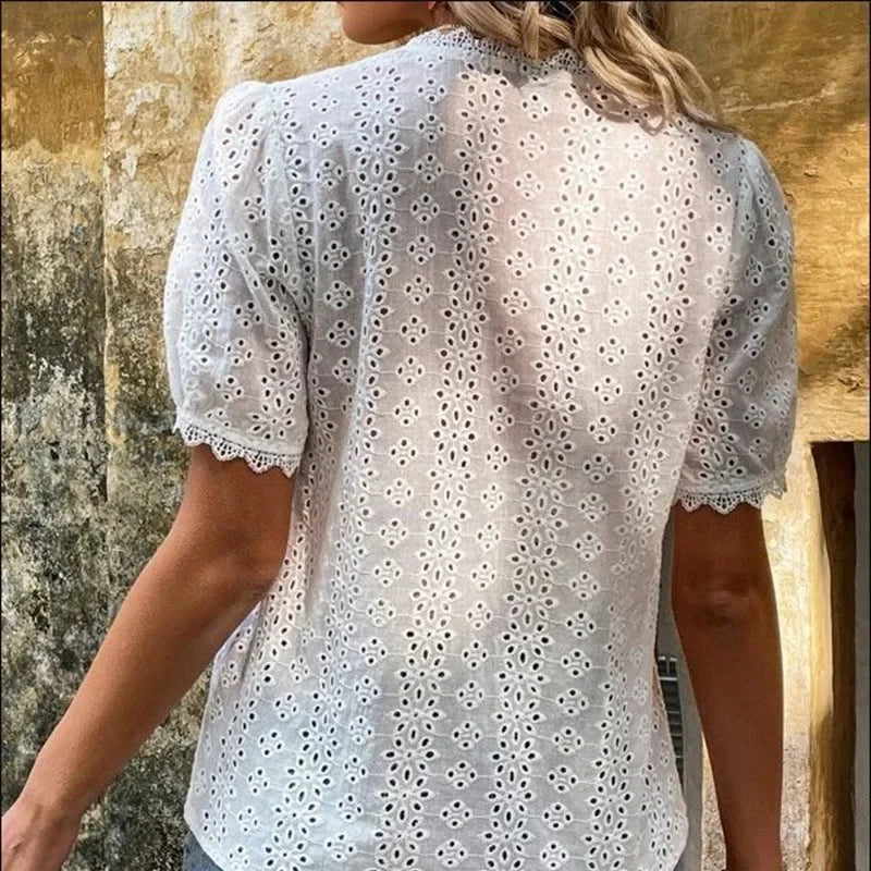 Hailey Hollow Out Cotton V-neck Blouse