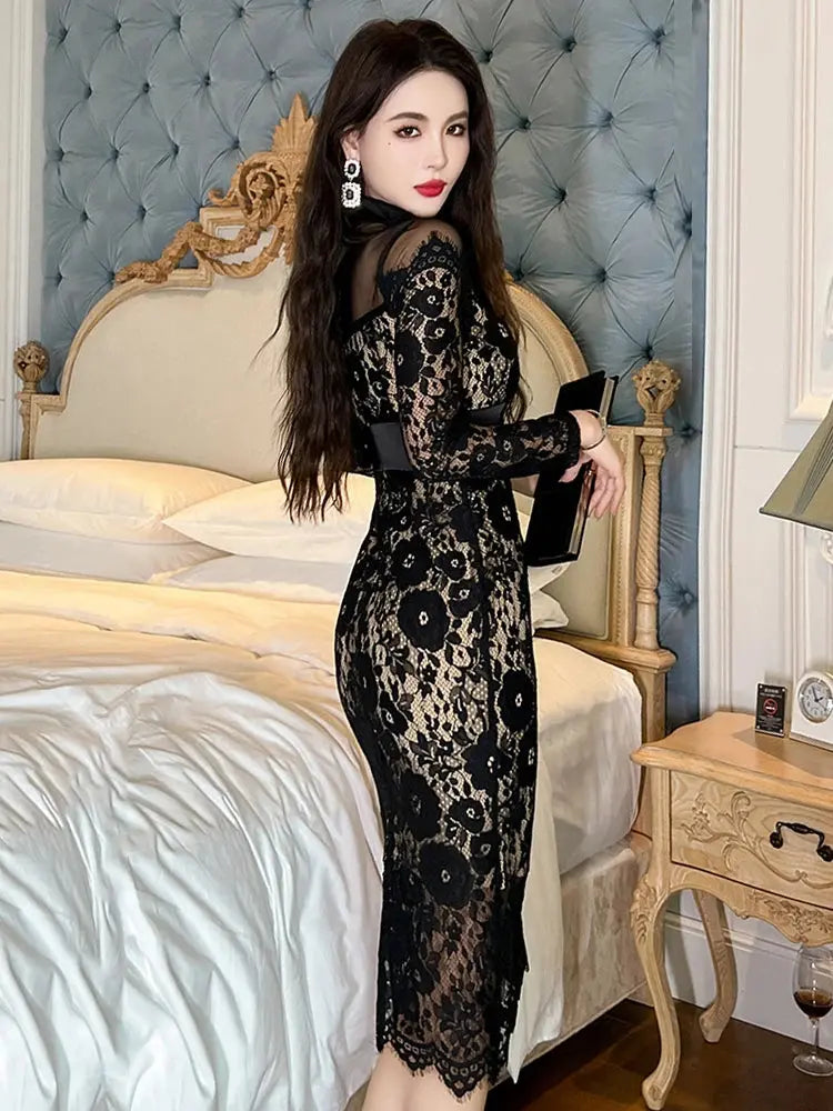 Fiona French Elegant & Sexy Sheer Mesh Black Lace Dress Siren