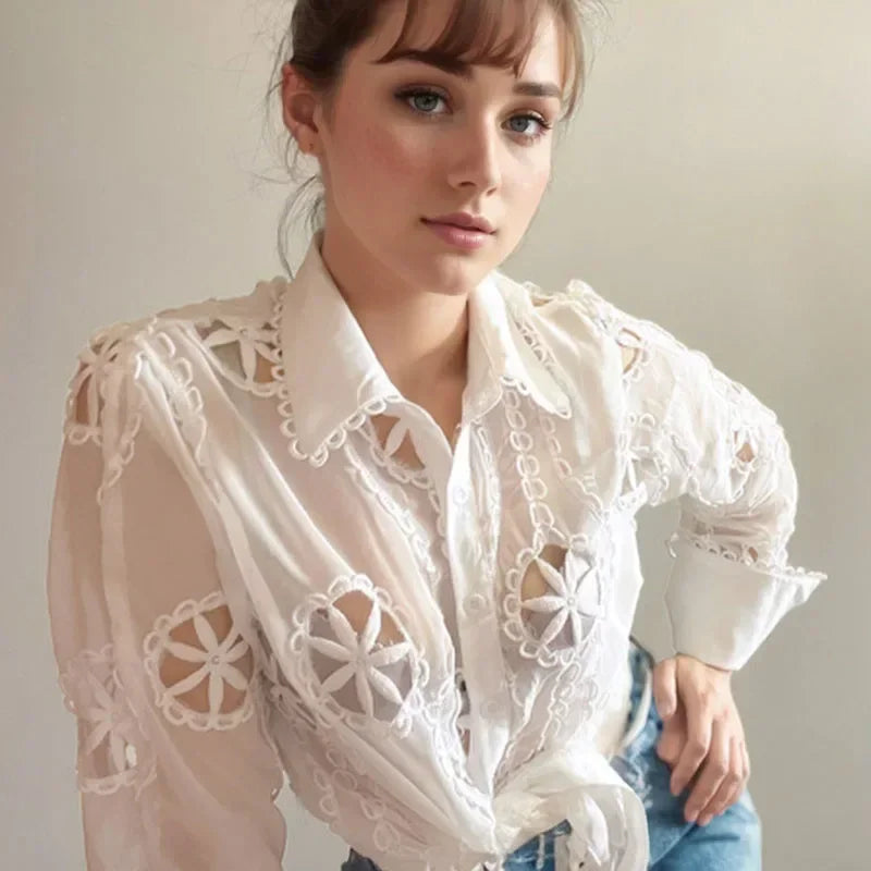 Angelina Mesh Hollow Out Embroidery Blouse