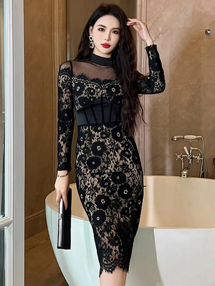 Fiona French Elegant & Sexy Sheer Mesh Black Lace Dress Siren