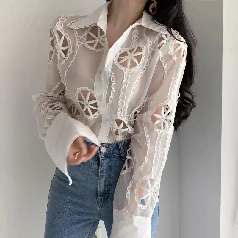 Angelina Mesh Hollow Out Embroidery Blouse