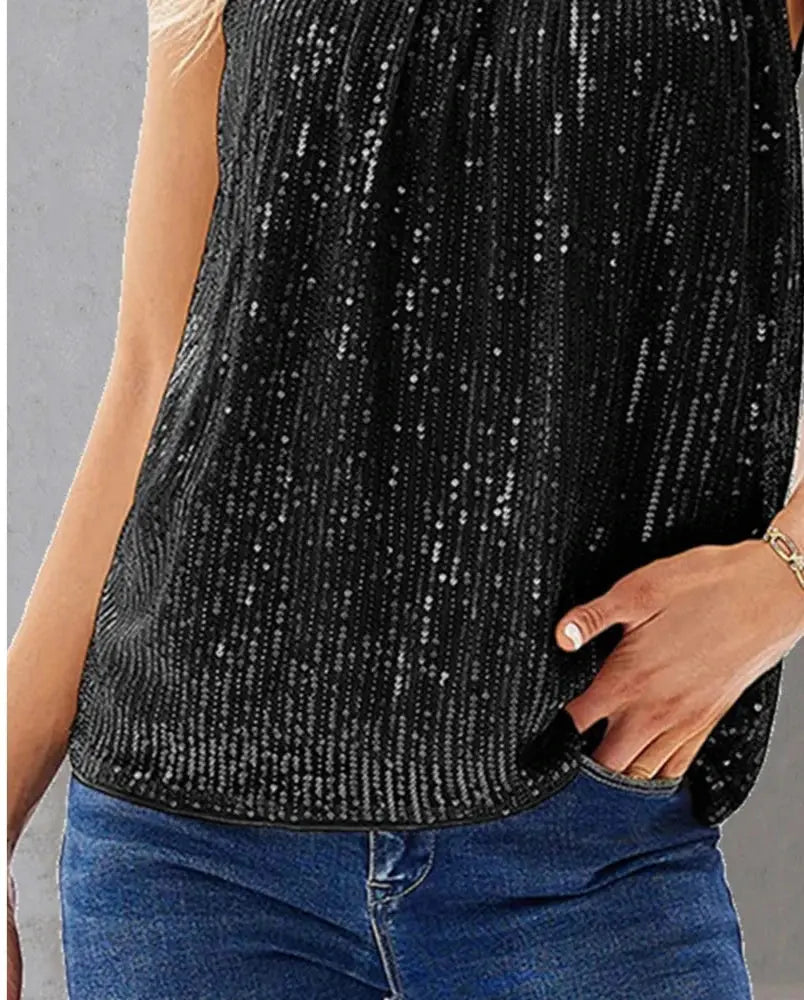 Femme Casual Sequined Nightclub Top, Ruched O-Neck Siren