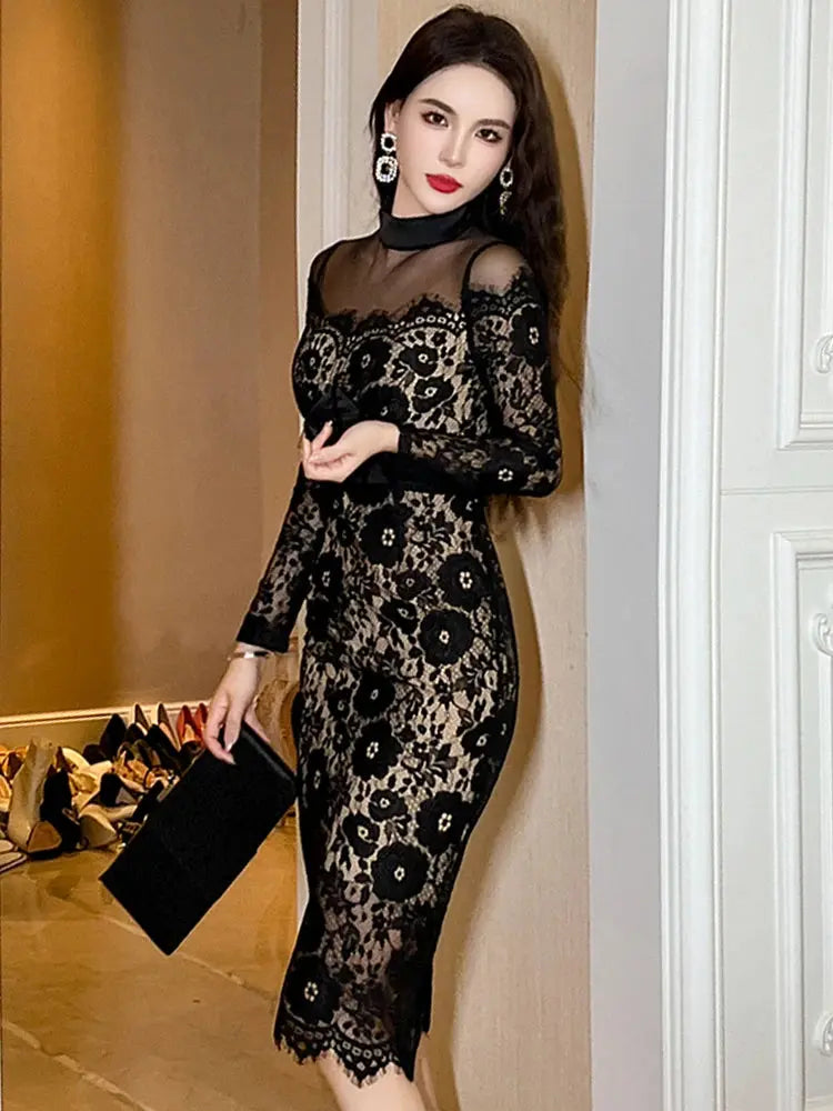 Fiona French Elegant & Sexy Sheer Mesh Black Lace Dress Siren