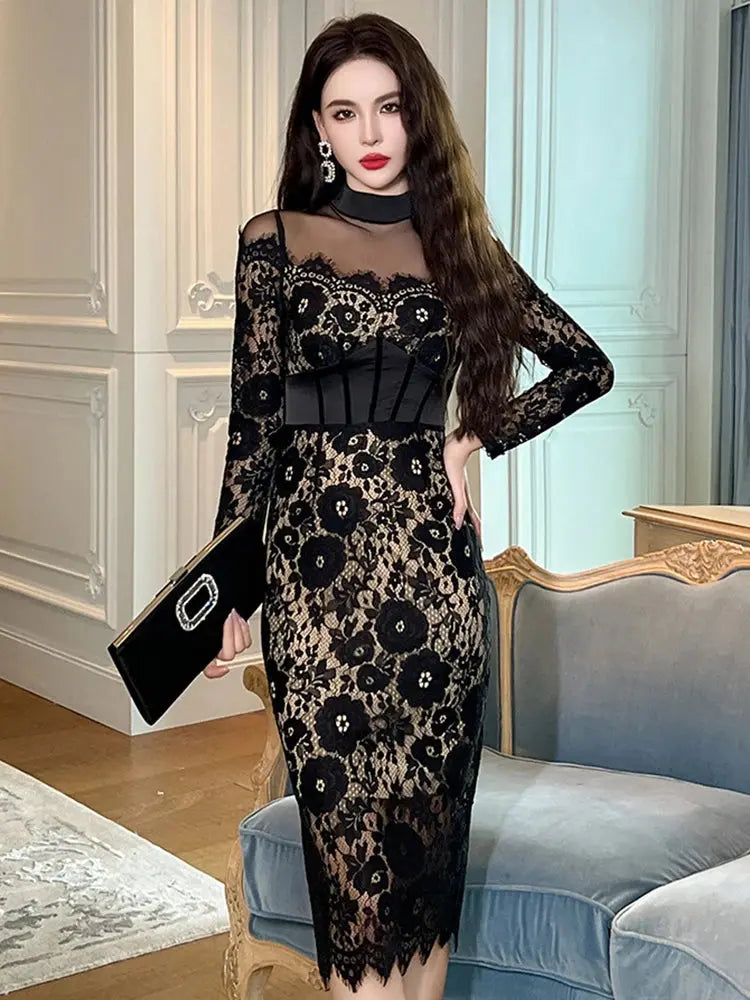 Fiona French Elegant & Sexy Sheer Mesh Black Lace Dress Siren