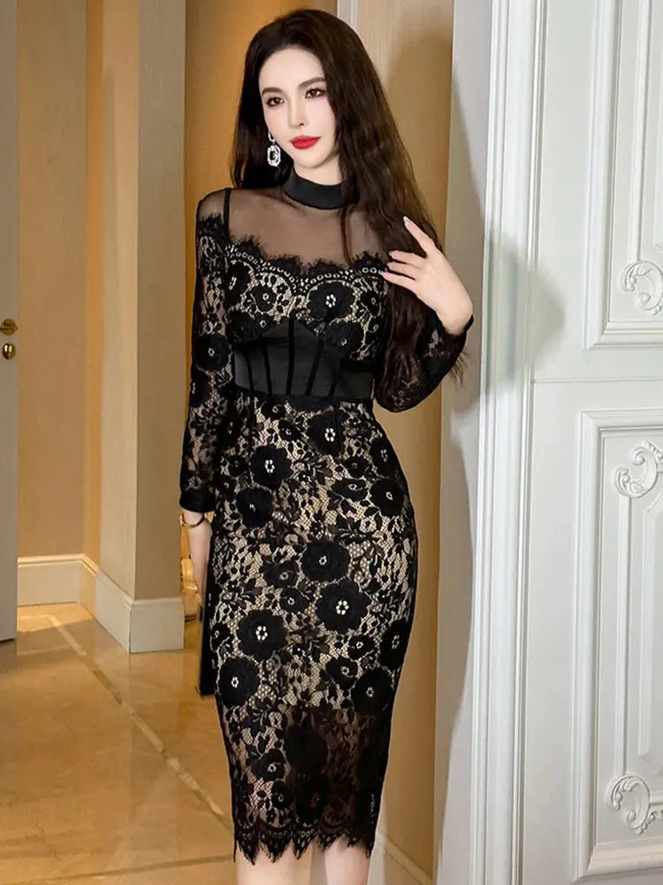 Fiona French Elegant & Sexy Sheer Mesh Black Lace Dress Siren